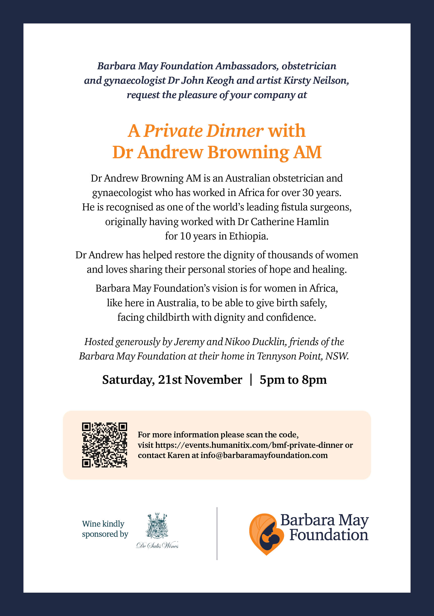 Invitation to a fundraising event at De Salis Wines in Orange, NSW, in May 2025